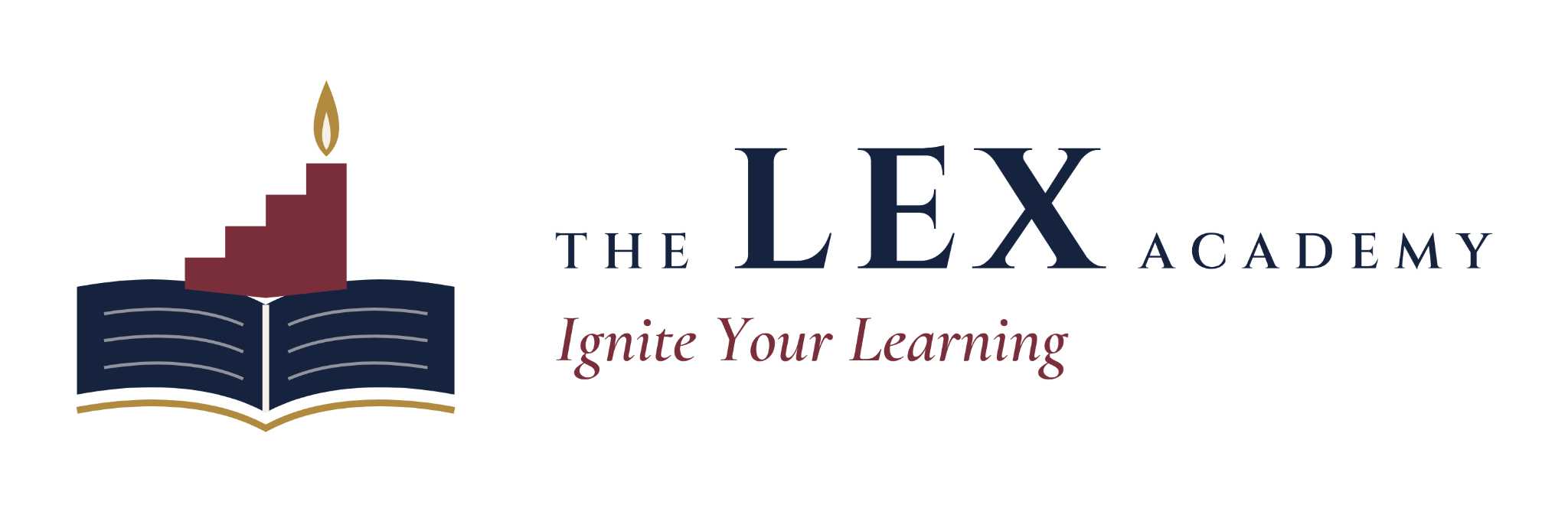 LEX Academy, open book and rising steps with a flame