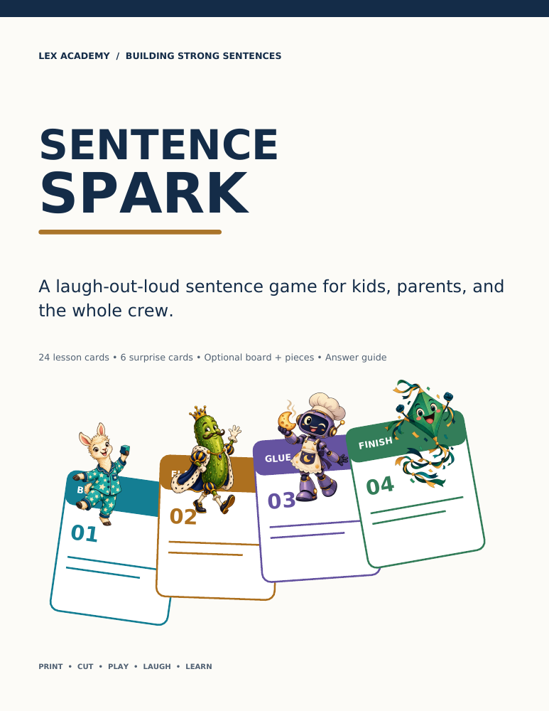 Cover of Sentence Spark, showing four colorful character game cards