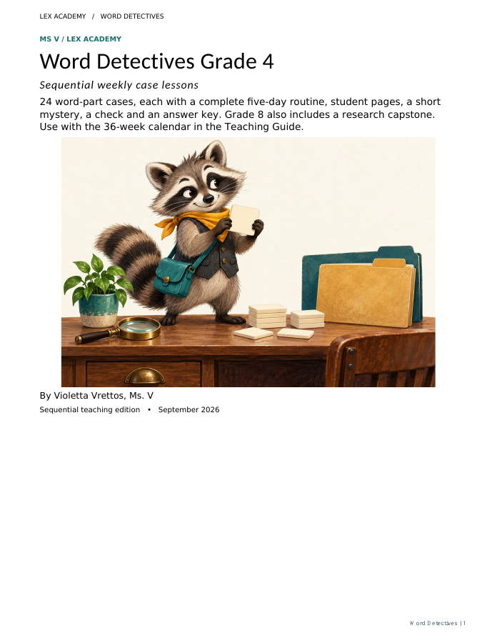 Word Detectives Grade 4 cover featuring Pilfer the raccoon detective